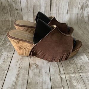 Brenda Zaro Women's Suede Wedge Slip on Slideswith Fringe Size 7.5 Made in Spain